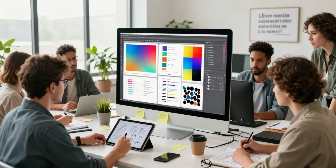 Diverse team collaborating on creative projects using mixboard tool in a modern workspace with vibrant moodboards.