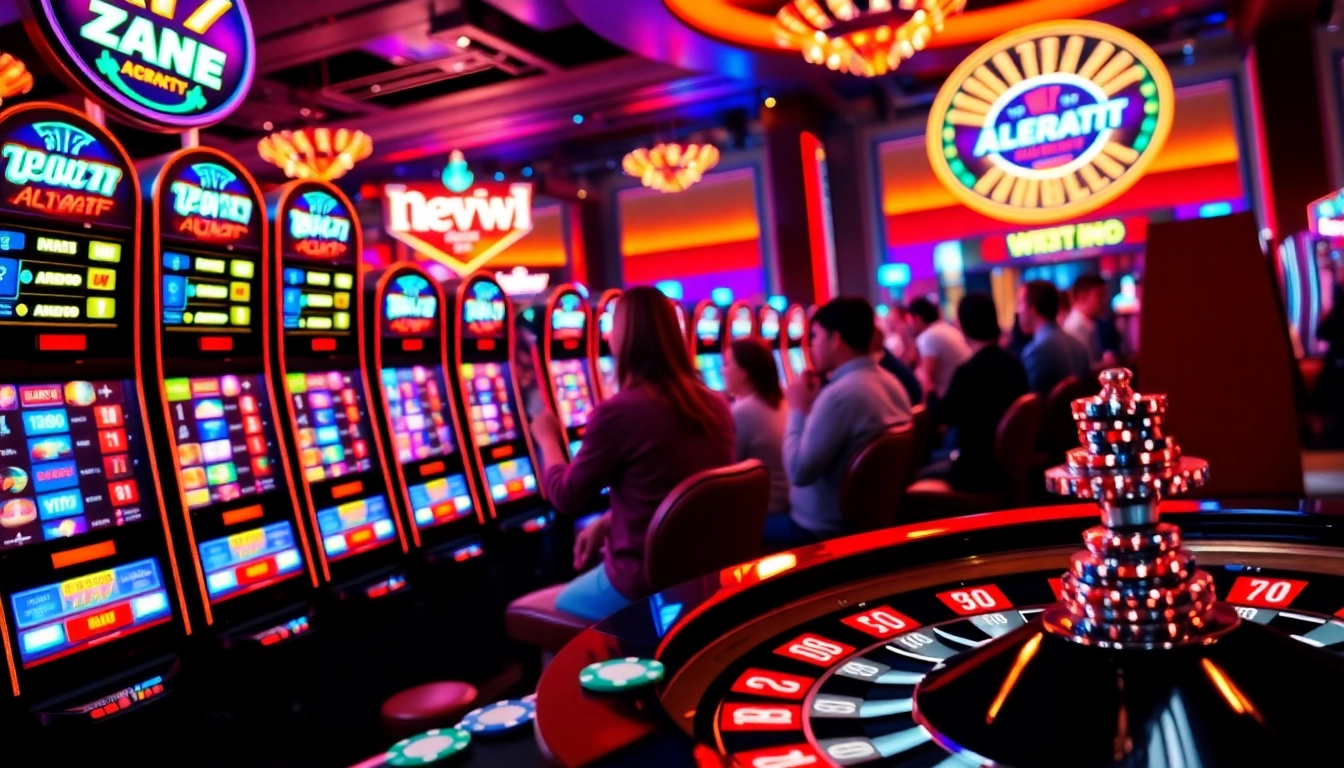 Excited players enjoying slot machines with new77 alternatif at a vibrant casino.