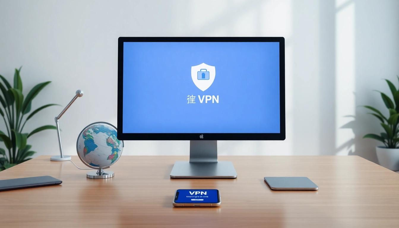 在专业办公环境中显示的快连 VPN 界面,象征安全的互联网浏览。