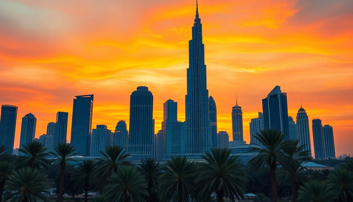 Showcasing Dubai City skyline at sunset with Burj Khalifa lighting up the vibrant skyline.