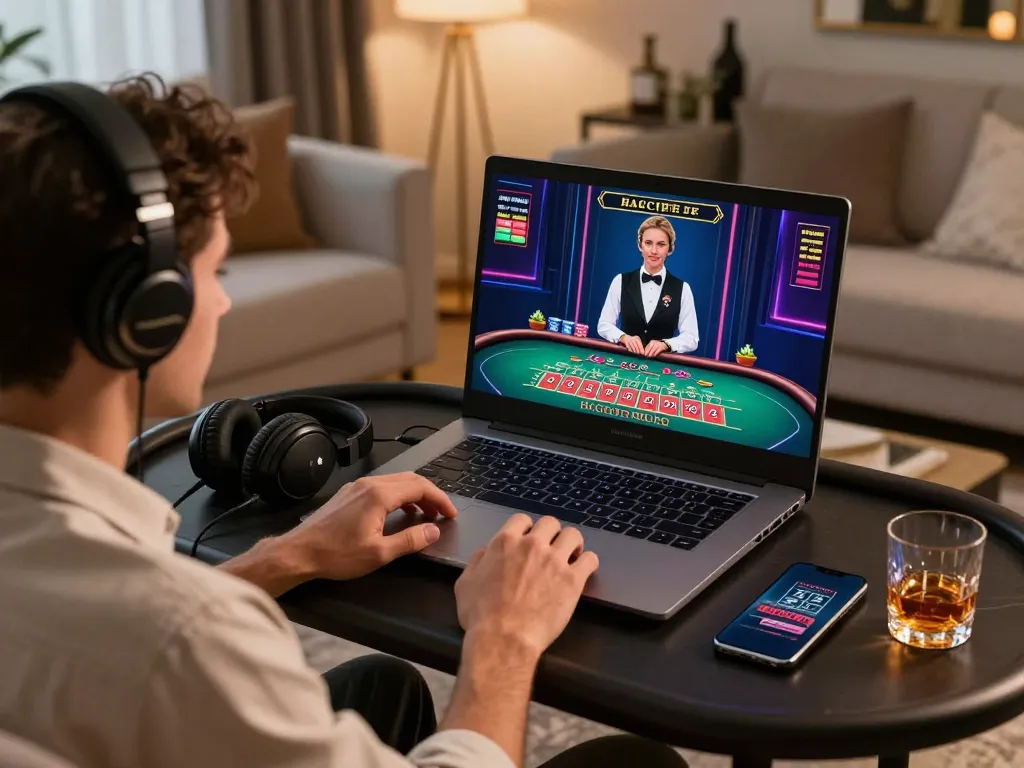 Engaging online baccarat gaming scene showcasing a player focused on a live game with luxurious accessories, emphasizing the allure of 바카라사이트.