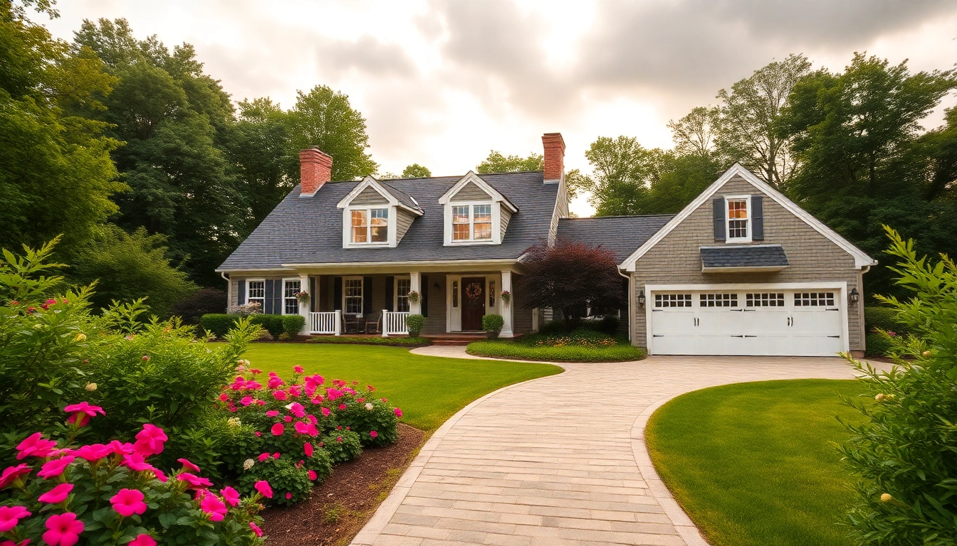 Cape Cod home with spacious garage and vibrant landscaping, showcasing elegance and charm.