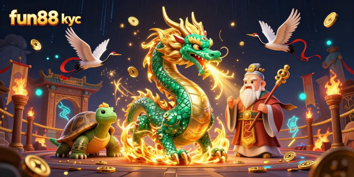 Các thành viên Fun88 KYC tham gia cá cược với hình ảnh rồng ngọc bích, rùa và các biểu tượng may mắn.