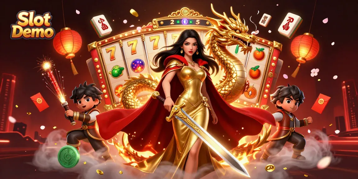 Engage in the thrilling Slot Demo experience with colorful slot reels, golden dragon, and dynamic casino elements.