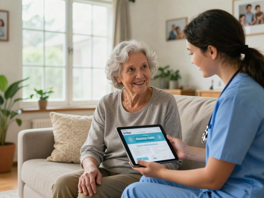 Caregiver and elderly woman sharing warmth and support highlighting bonus new member services for home care.