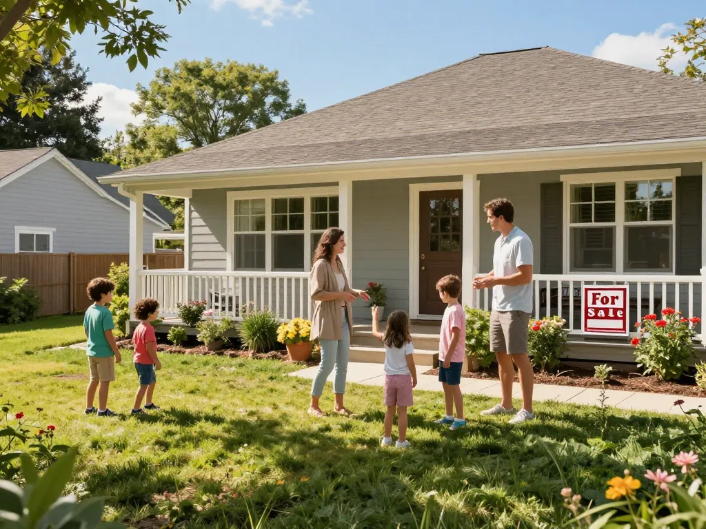 Family discussing a quick house sale at an open house, highlighting key features.