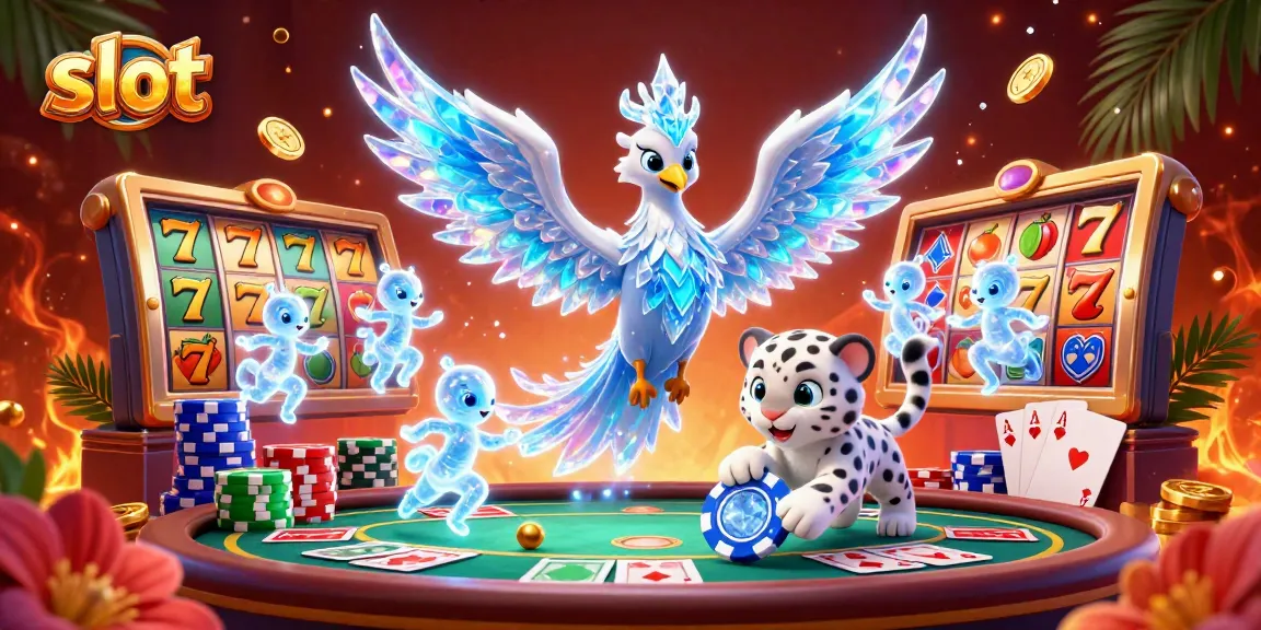 Spin the vibrant slot reels with luck as an ice phoenix and snow leopard delight in this colorful casino scene.