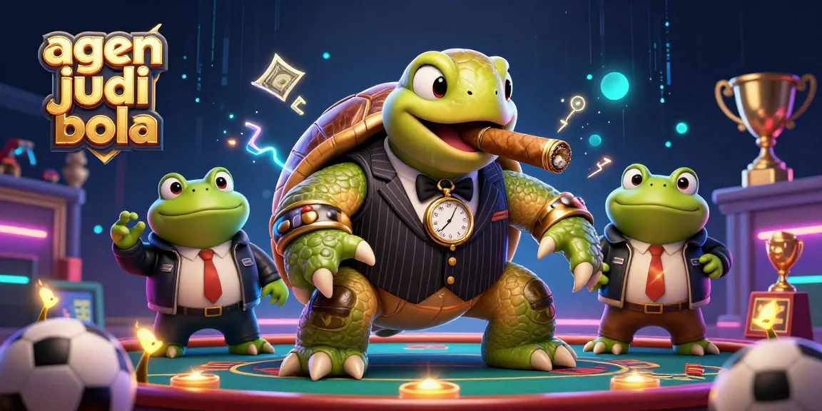 Exciting agen judi bola scene featuring a turtle in a mobster suit surrounded by sports elements and glowing visuals.