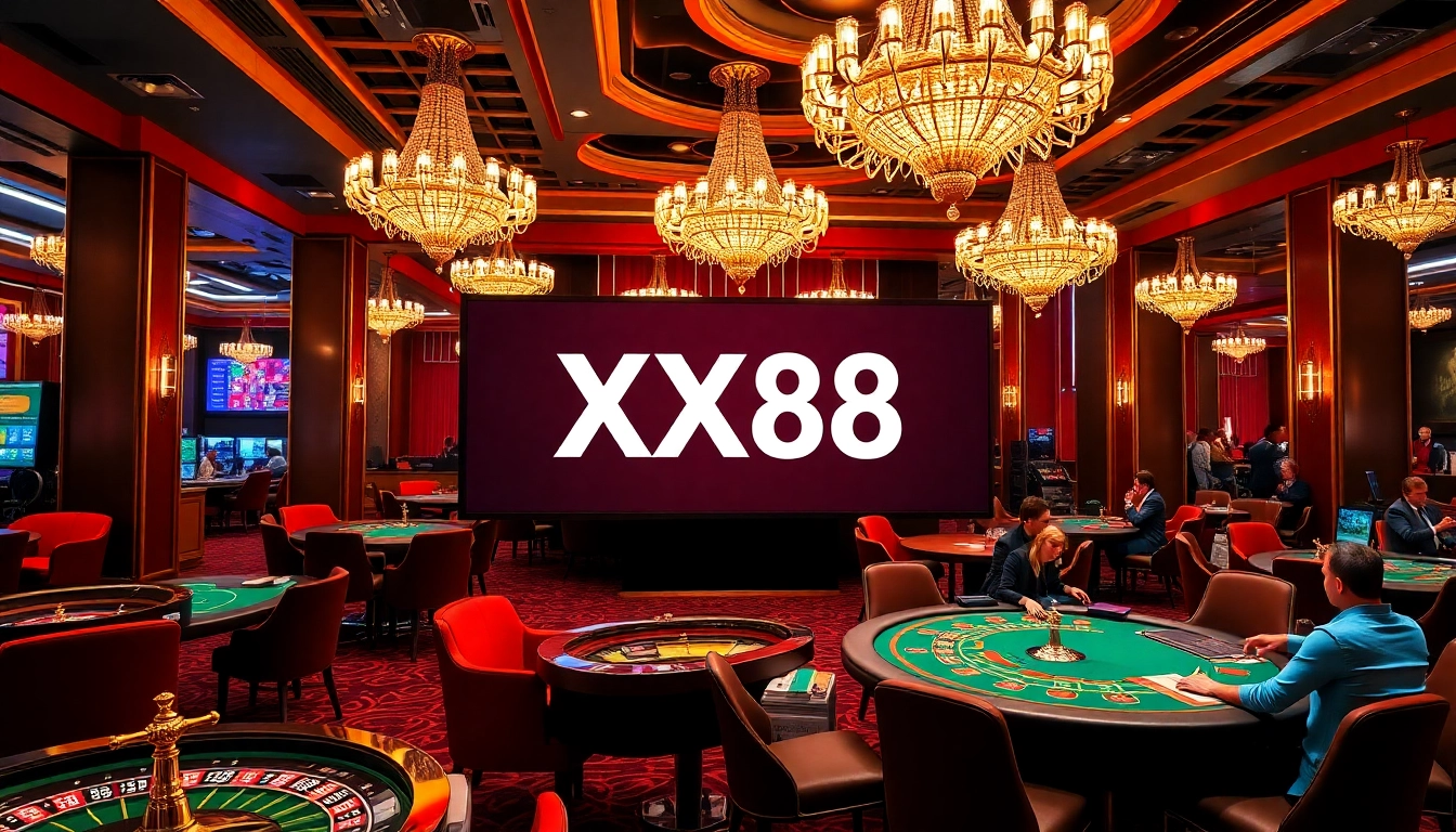 Players enjoy a thrilling game night at XX88, surrounded by luxurious casino elements.