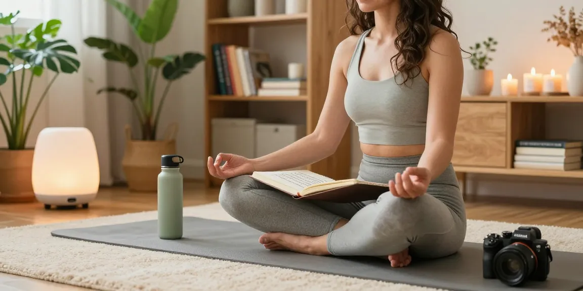 Mindfulness meditation scene featuring rokok88 slot lifestyle blogger practicing wellness in serene home environment.
