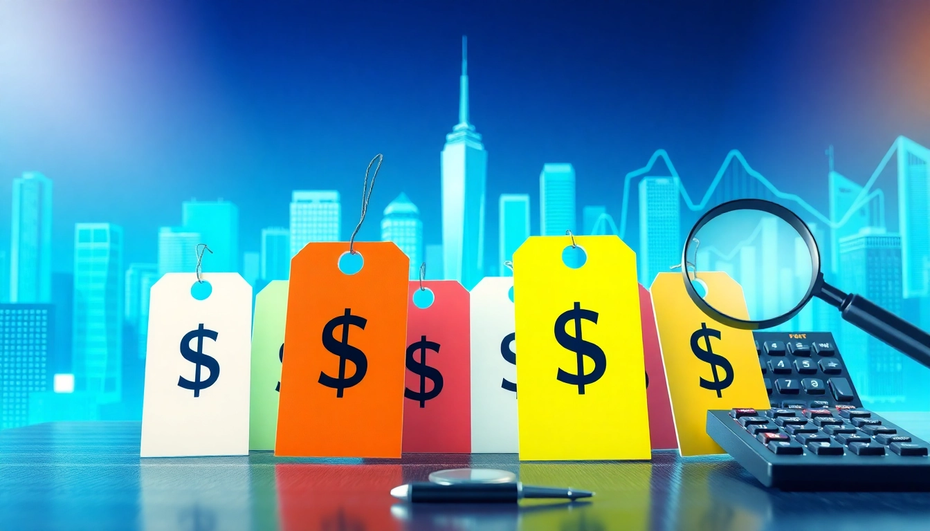 Analyze competitor pricing strategies with a detailed graphic of diverse pricing tags and financial elements.