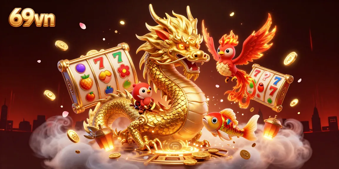 Engage in exciting slots with 69vn, featuring a dragon, phoenix, and koi fish in a vibrant casino scene.