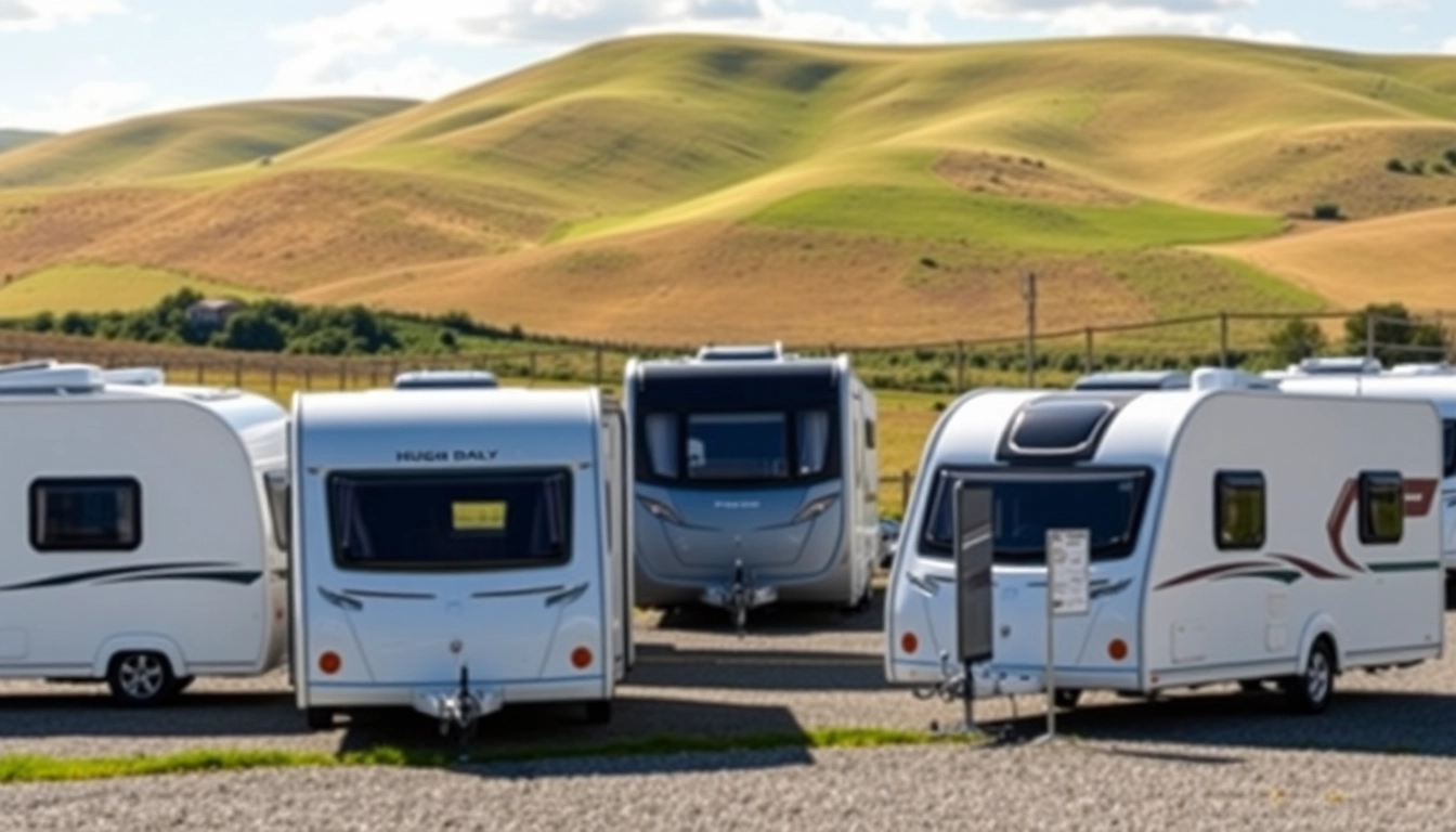 Showcase of Hugh Daly Caravans in a stunning countryside setting, emphasizing beautiful designs and quality.