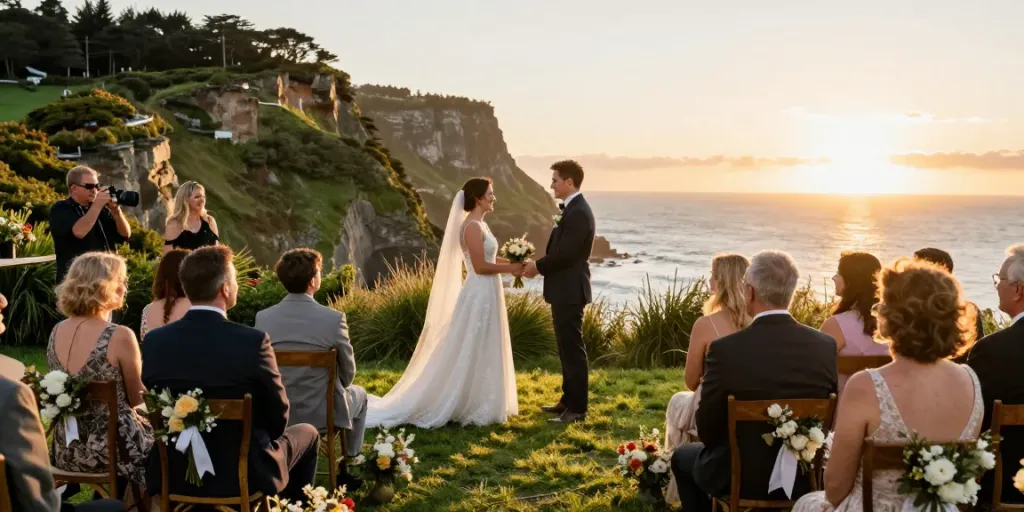 Documentary wedding photographer in Dunedin captures a couple exchanging vows during golden hour.