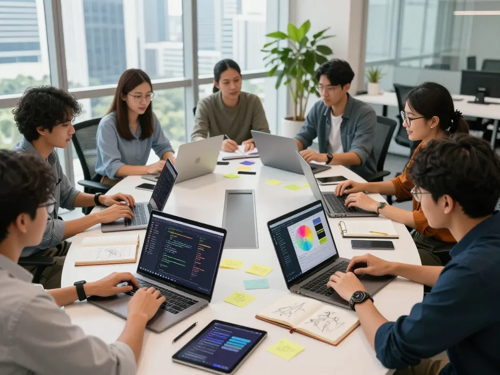 Web development Kuala Lumpur team collaborating on innovative projects in a modern studio.