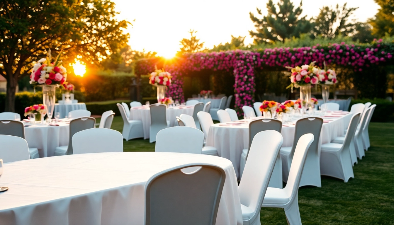 Stunning outdoor event rentals arranged elegantly for weddings under warm golden sunset light.