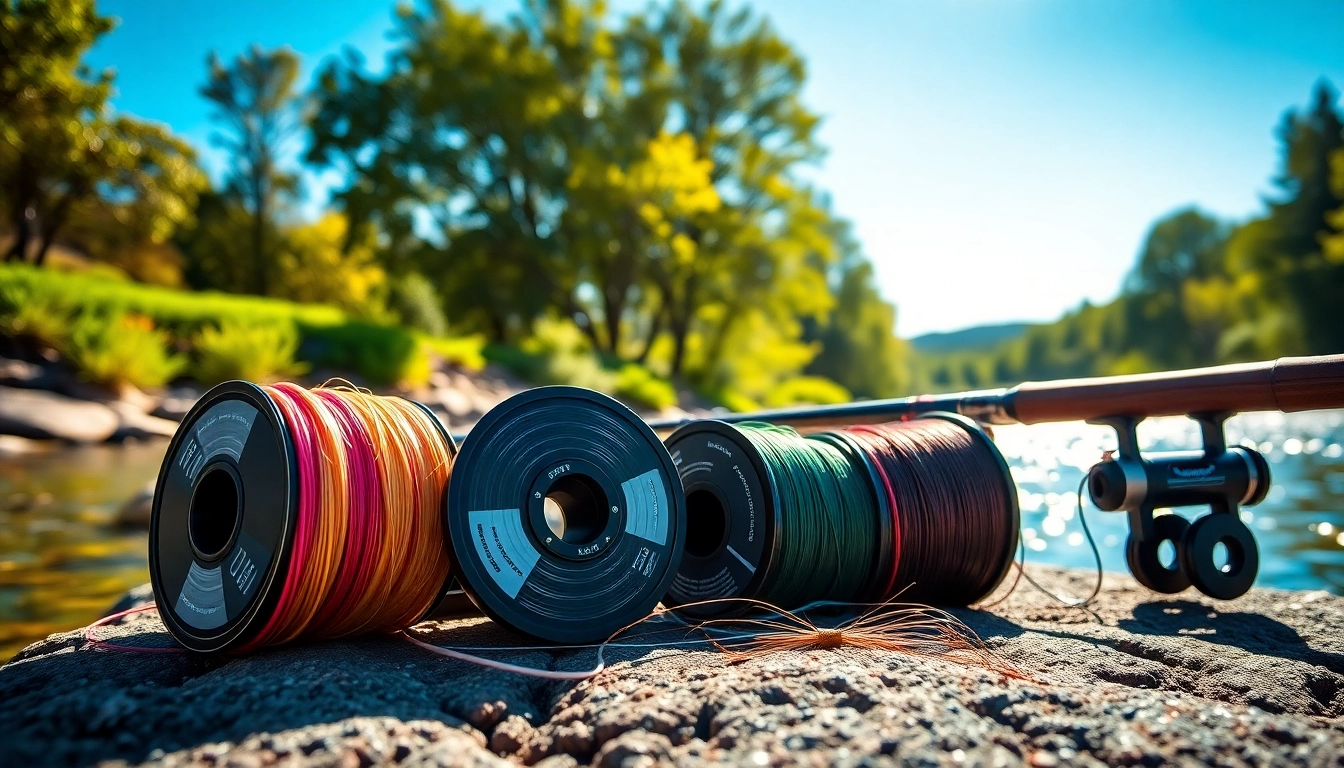 Engaging setup of fly fishing tippet materials by a serene riverbank, showcasing vibrant colors.