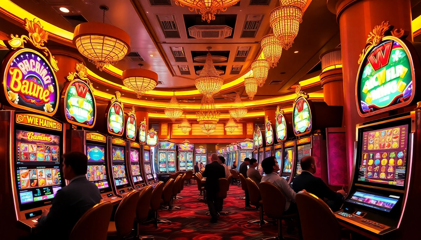 Engaging players enjoying high-stakes gameplay on vibrant hoki77 slot machines in a luxurious casino setting.