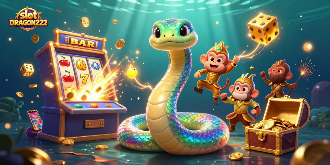 Play slot DRAGON222 amidst a colorful explosion of coins and symbols, showcasing an exciting casino atmosphere.