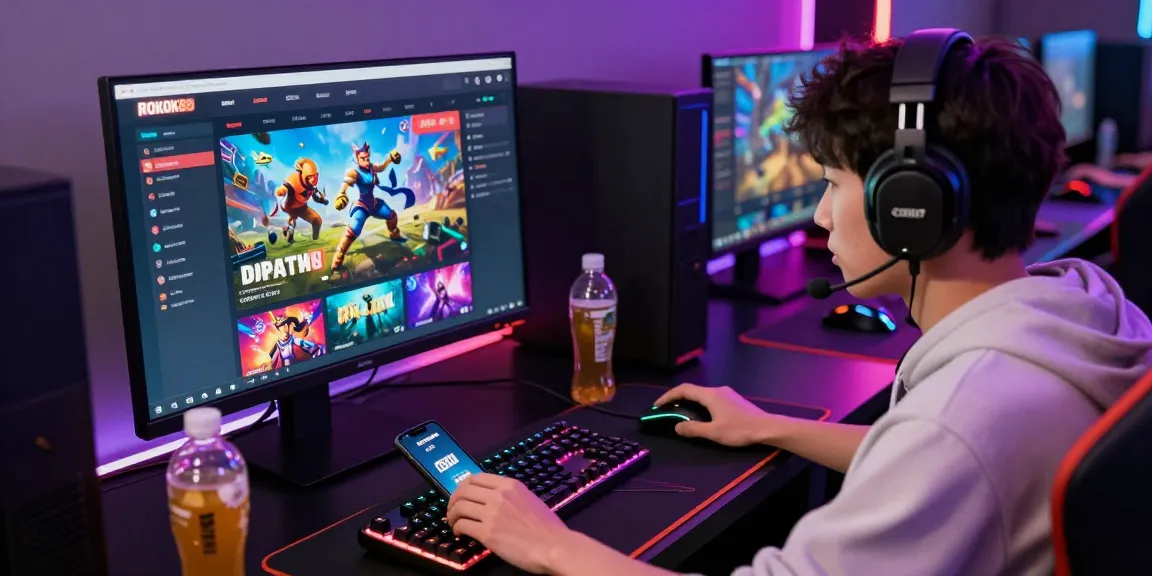 Engaged user on ROKOK88 platform in vibrant gaming setup with accessories.