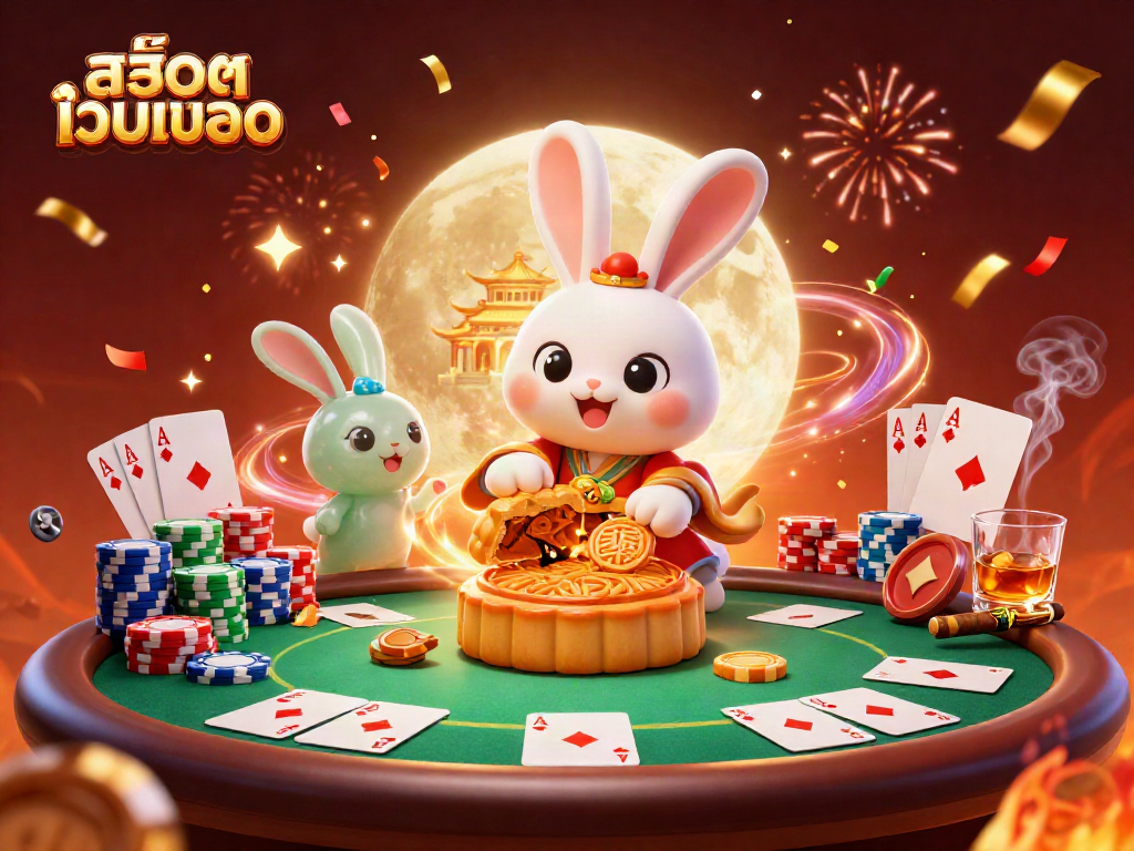 Experience thrilling gaming with สล็อตเว็บตรง as a moon rabbit reveals poker chips inside mooncakes.