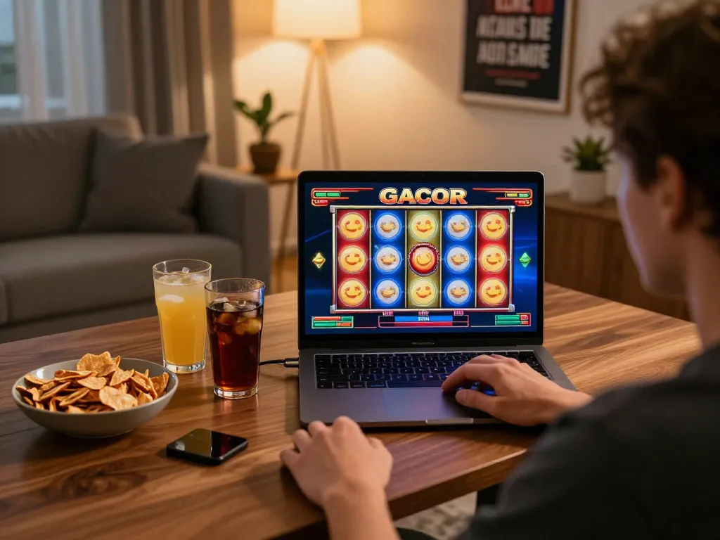 Player enjoying a thrilling slot gacor game online on a laptop in a cozy living room.
