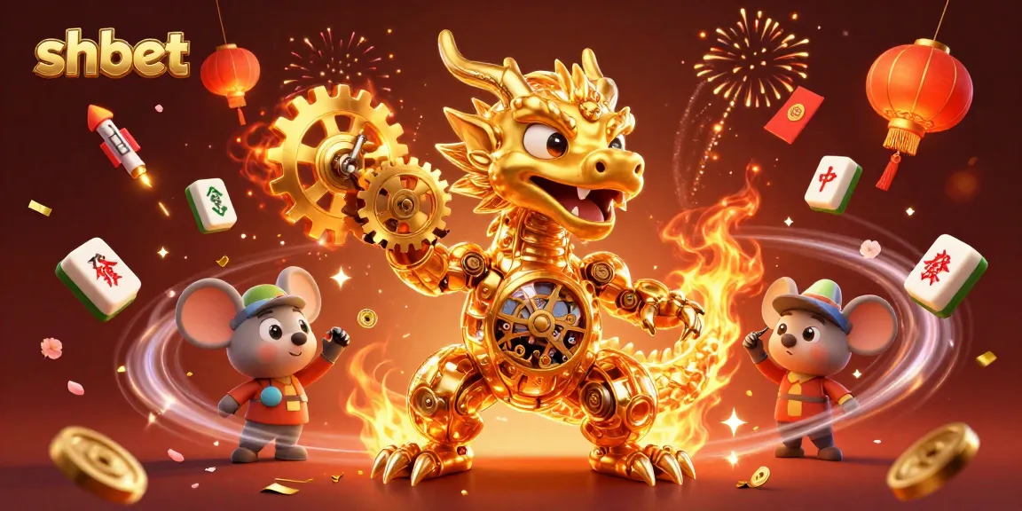 Engage with shbet's dynamic casino world featuring a golden dragon and a tiny engineer amidst festive gaming elements.