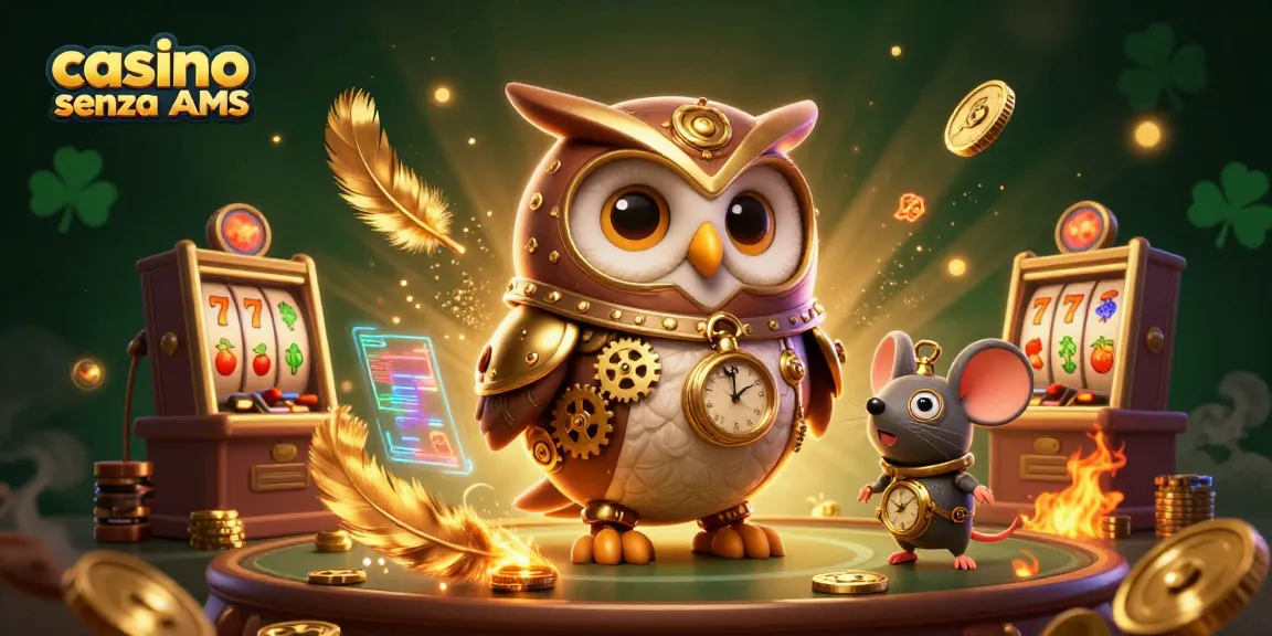 Fai girare i rulli in un vivace casino senza AAMS con un gufo viaggiatore nel tempo, che mostra elementi steampunk e giochi di slot