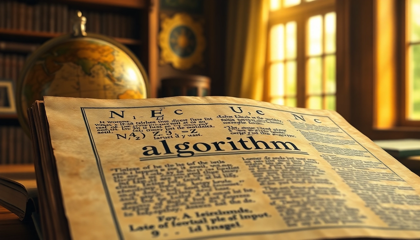 Explore algorithm etymology through an illustration of an ancient manuscript and scholarly setting.