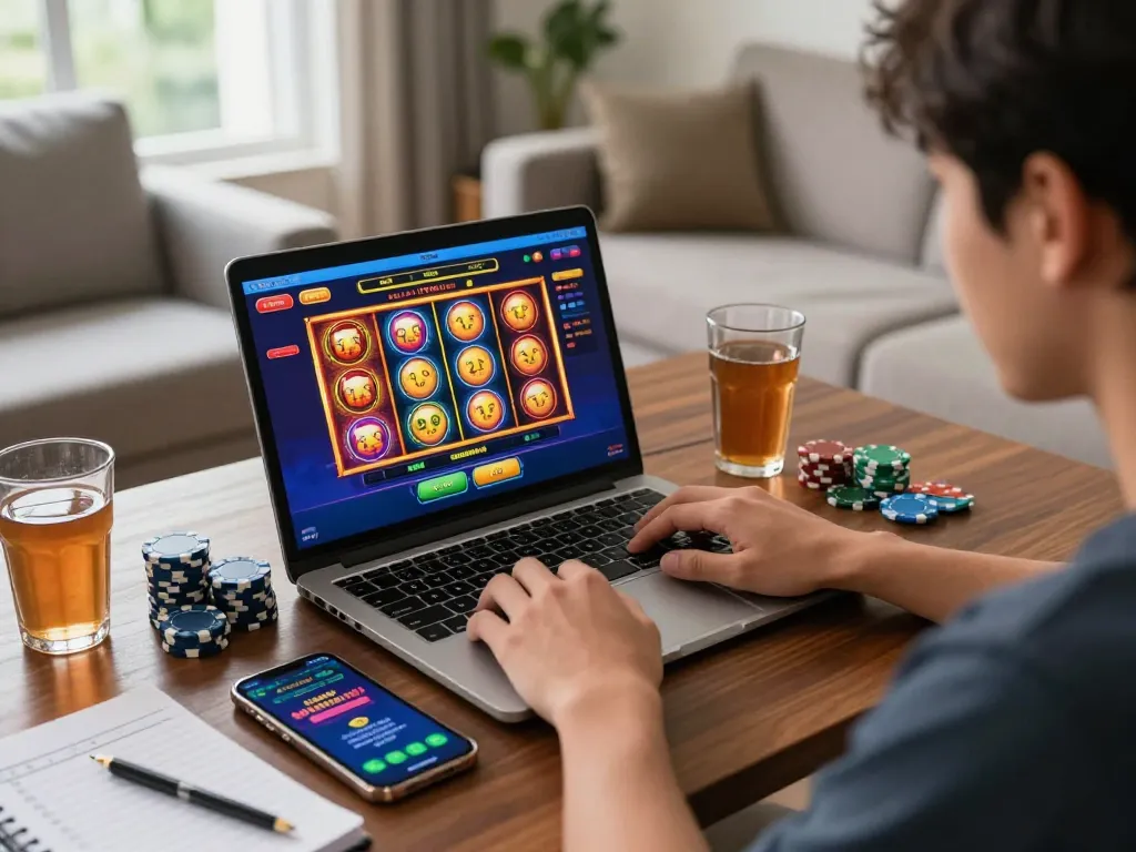Engaging online player focused on slot gacor hari ini gameplay with vibrant display, chips, and strategic notes.