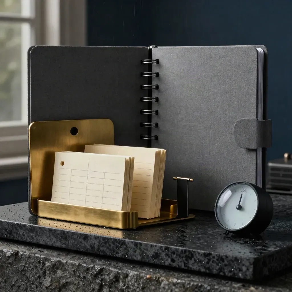 Graphite planner, brass inbox tray, note cards, clip rail and timer on rain-damp basalt.