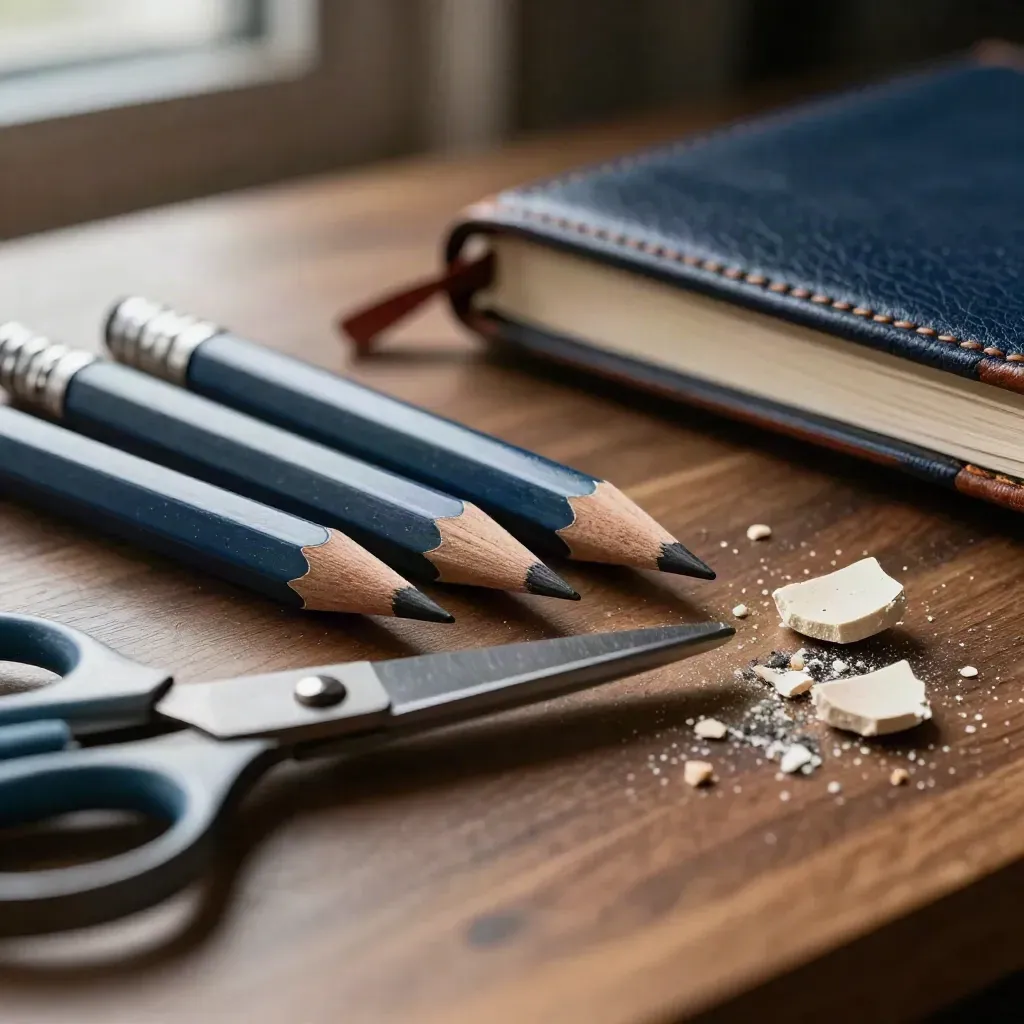 Macro still life of pencils, scissors, eraser crumbs and a leather notebook on a dark desk
