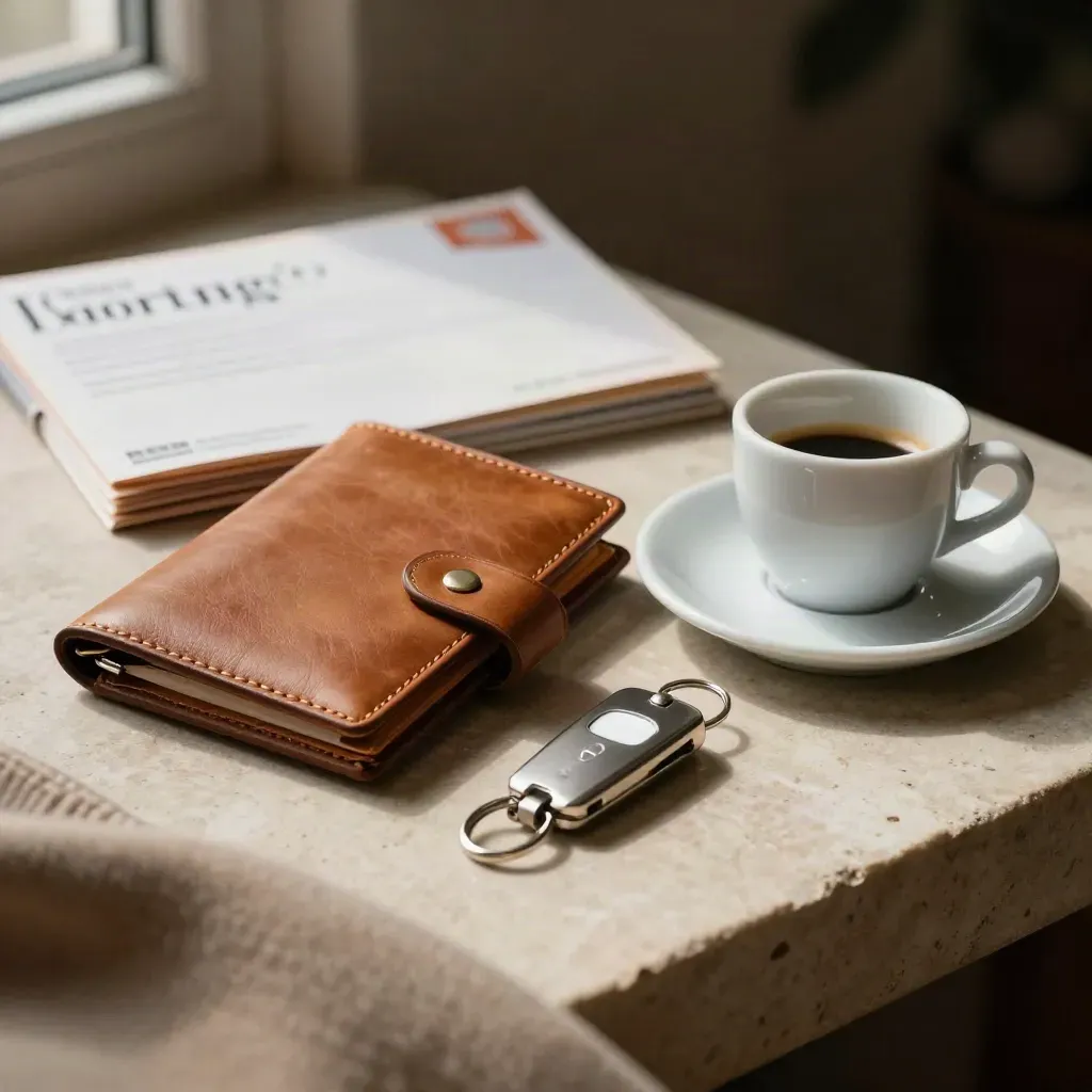 Leather padfolio, travel wallet, key fob and espresso saucer on pale stone with a jacket edge.