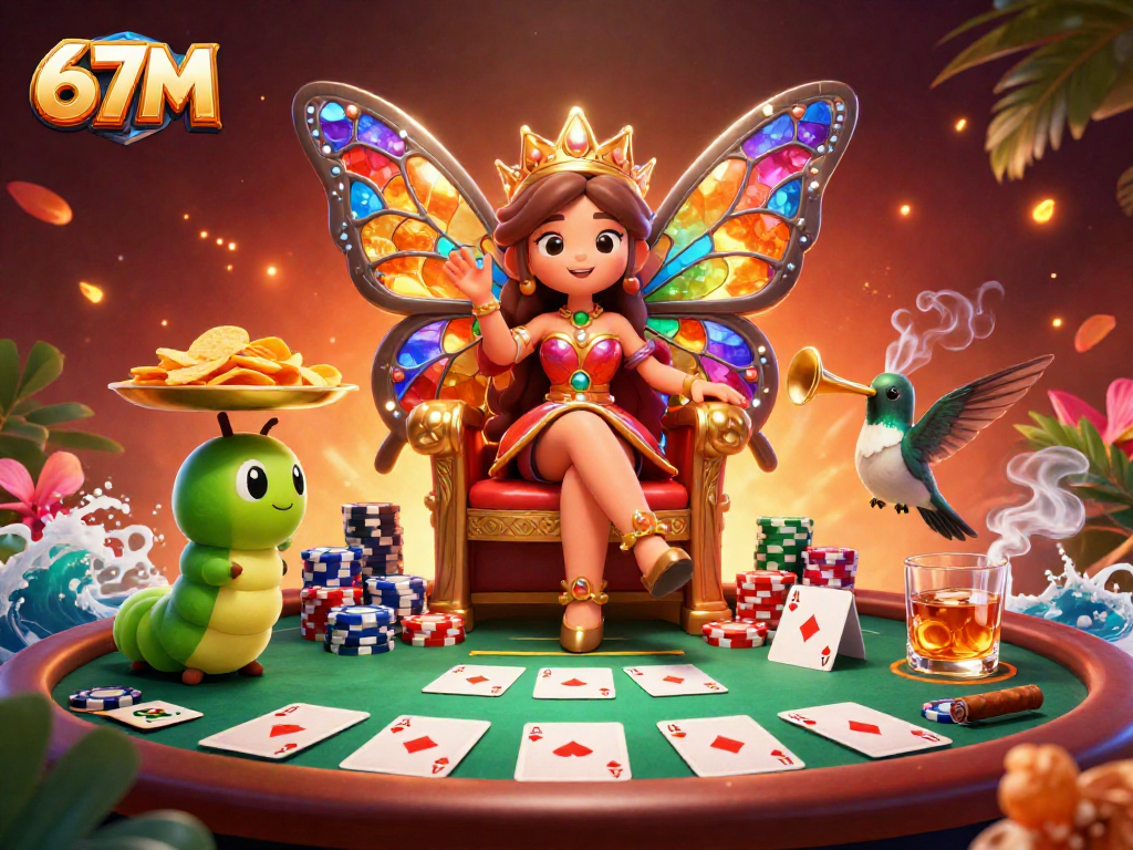 Os jogadores emocionados na mesa de poker do 67M, cercados por fichas coloridas e uma rainha borboleta mágica.