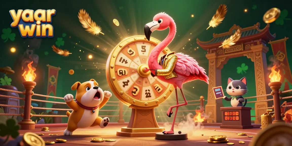 Engage with the excitement of yaar win as the flamingo host spins a prize wheel with excitement and gold coins flying.