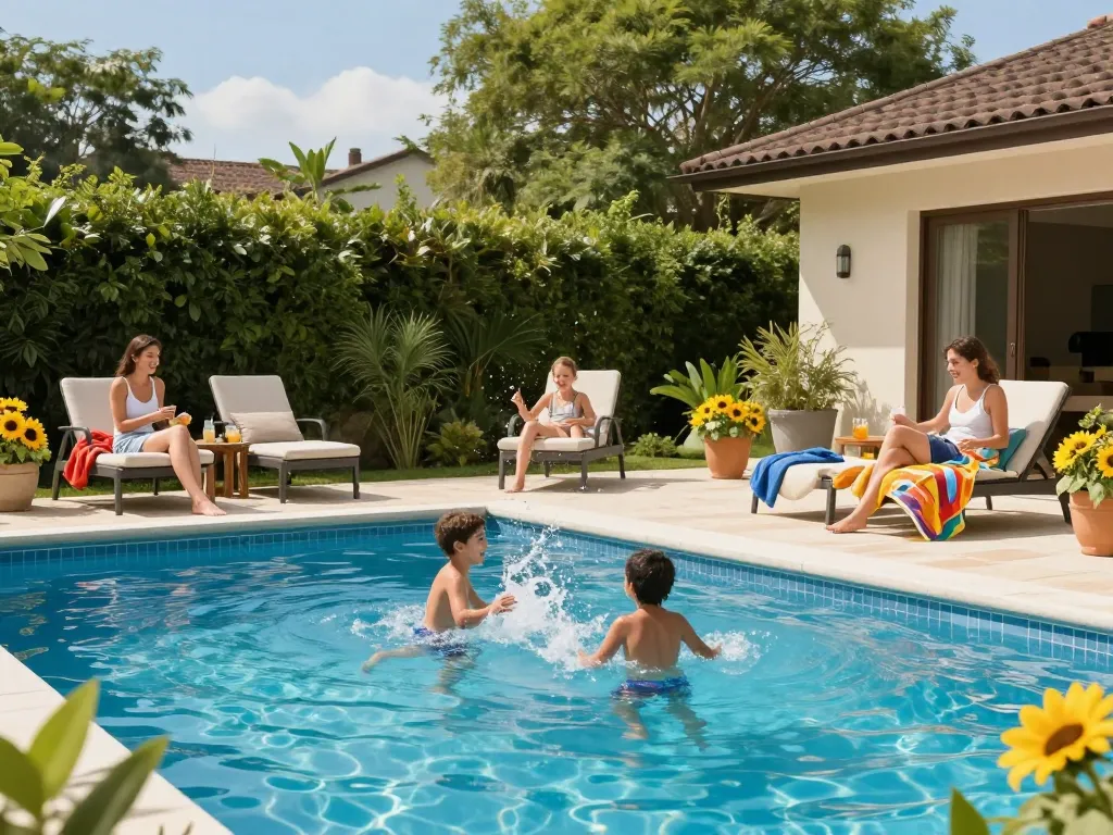 Dolphin Pool Services providing sparkling pool maintenance for a joyful family day outdoors.