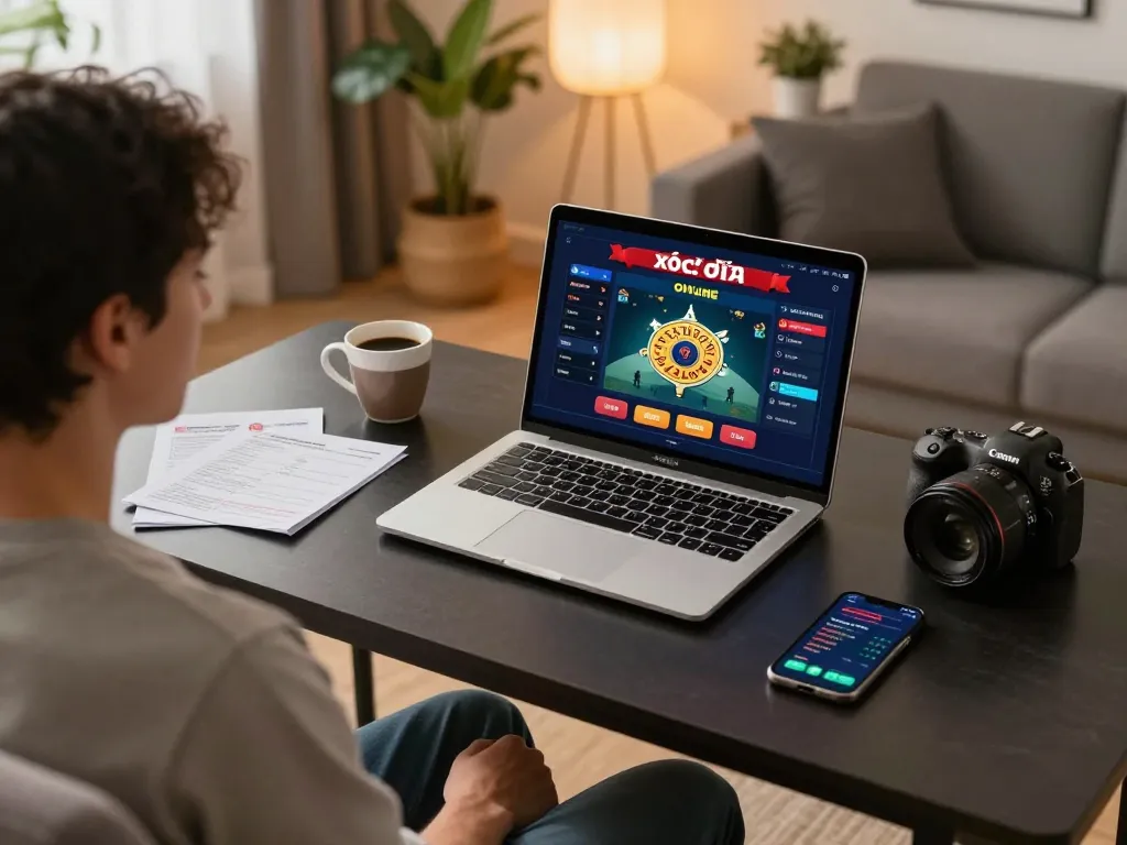 xóc đĩa online gameplay on a laptop in a cozy home setting with strategy notes