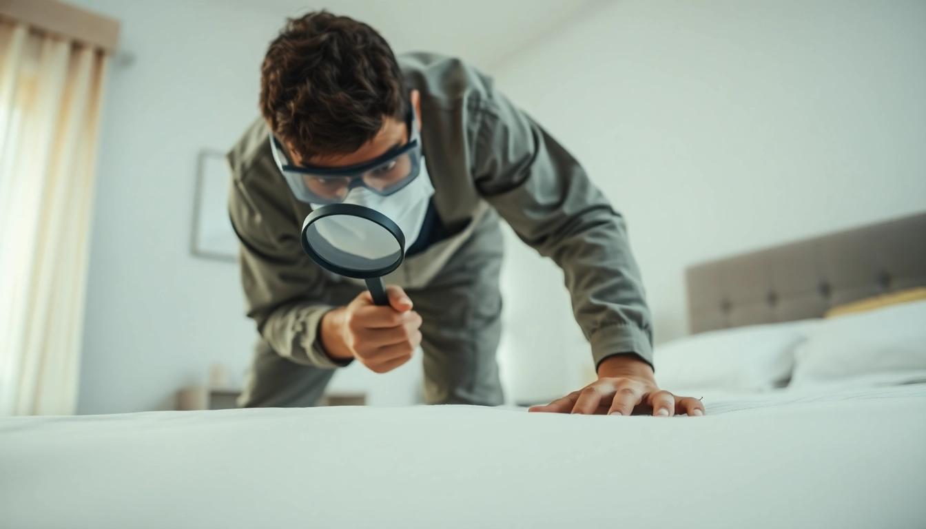 Bed bug exterminator inspecting a clean bedroom for pests.