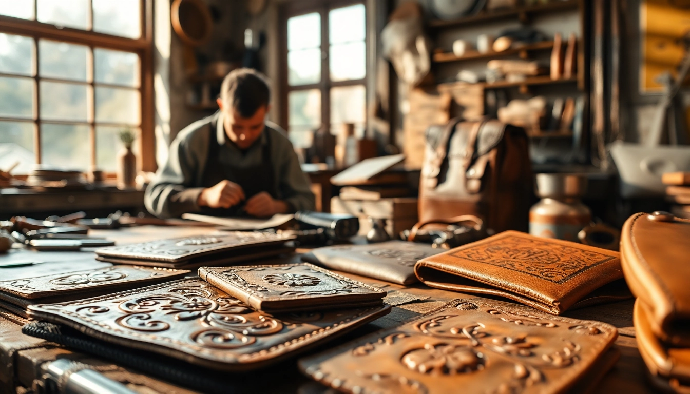Crafting tooled leather bags and wallets with intricate designs by an artisan.