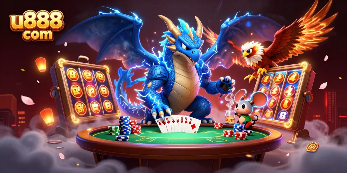 Engage with u888 com's exciting gaming world, featuring vibrant slot reels and dynamic characters in action.