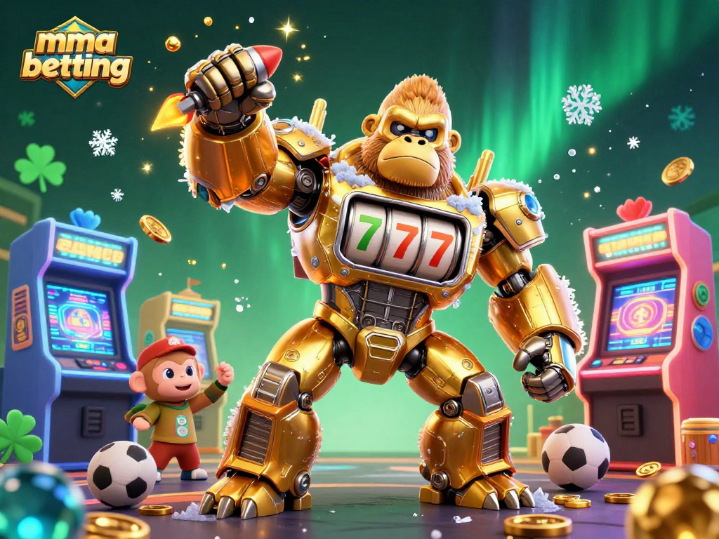 MMA betting scene with a golden gorilla mech, surrounded by colorful game machines and sports elements