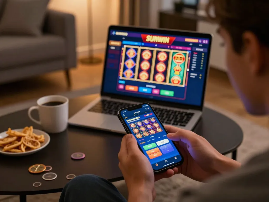 SUNWIN LINK MỚI showcased with user engaging in online gaming on a smartphone, cozy home atmosphere enhancing gameplay excitement.