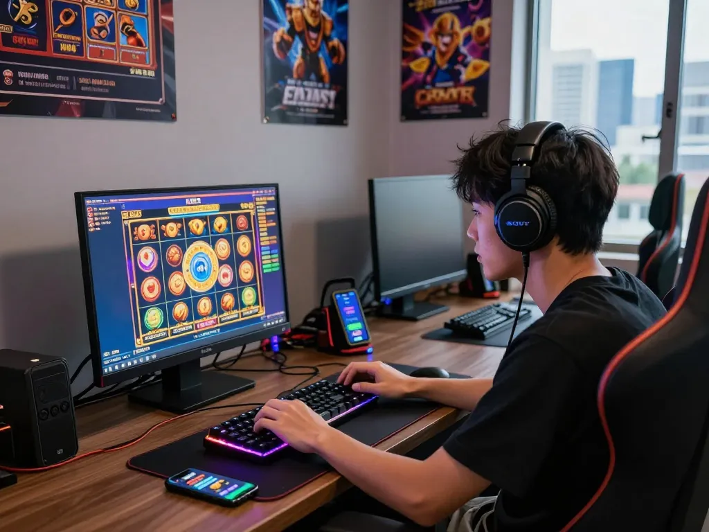Pemain terlibat dalam permainan online dengan slot gacor hari ini yang ditampilkan di laptop, dikelilingi oleh aksesori permainan modern di lingkungan yang mengundang.