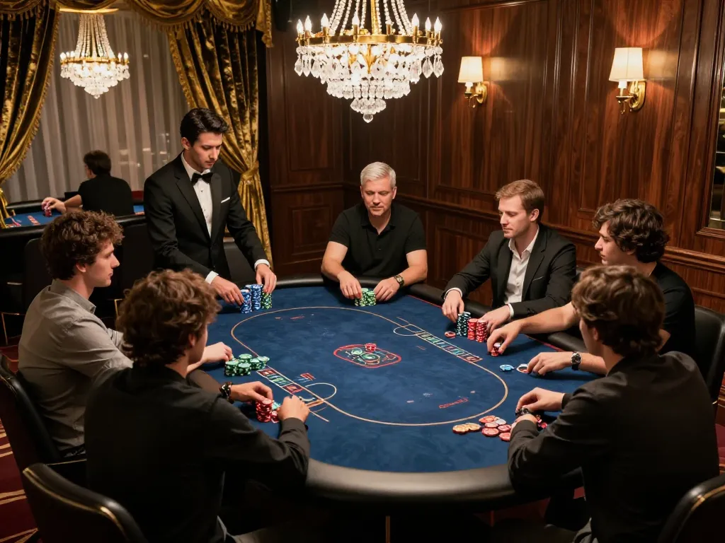 Engaged players strategizing at luxurious poker table representing Link Gaco for high stakes gaming.