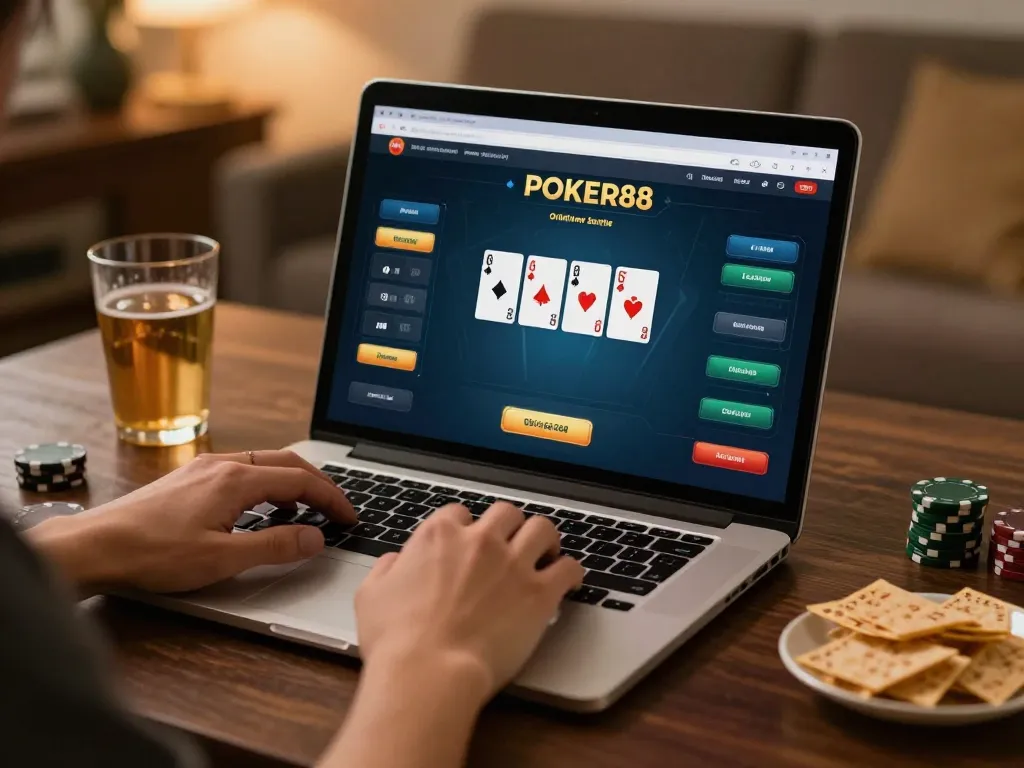 Engaging scene of POKER88 online poker gameplay on a laptop, cozy home environment with snacks.