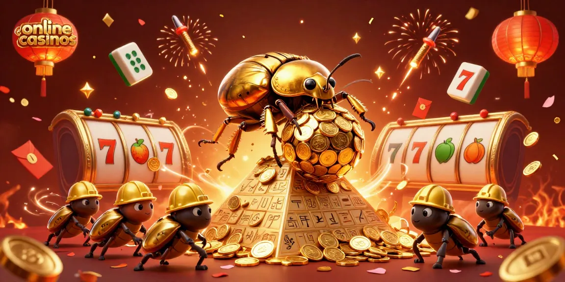 Explore vibrant online casinos with a golden dung beetle rolling coins in a stunning 3D scene.