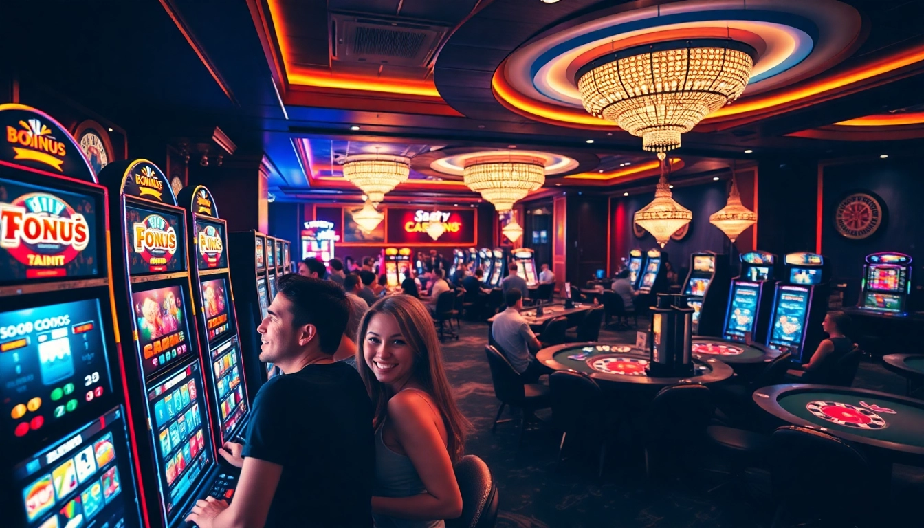 Experience the excitement at a Non gamstop Casino Uk, showcasing players enjoying gaming with vibrant lights.