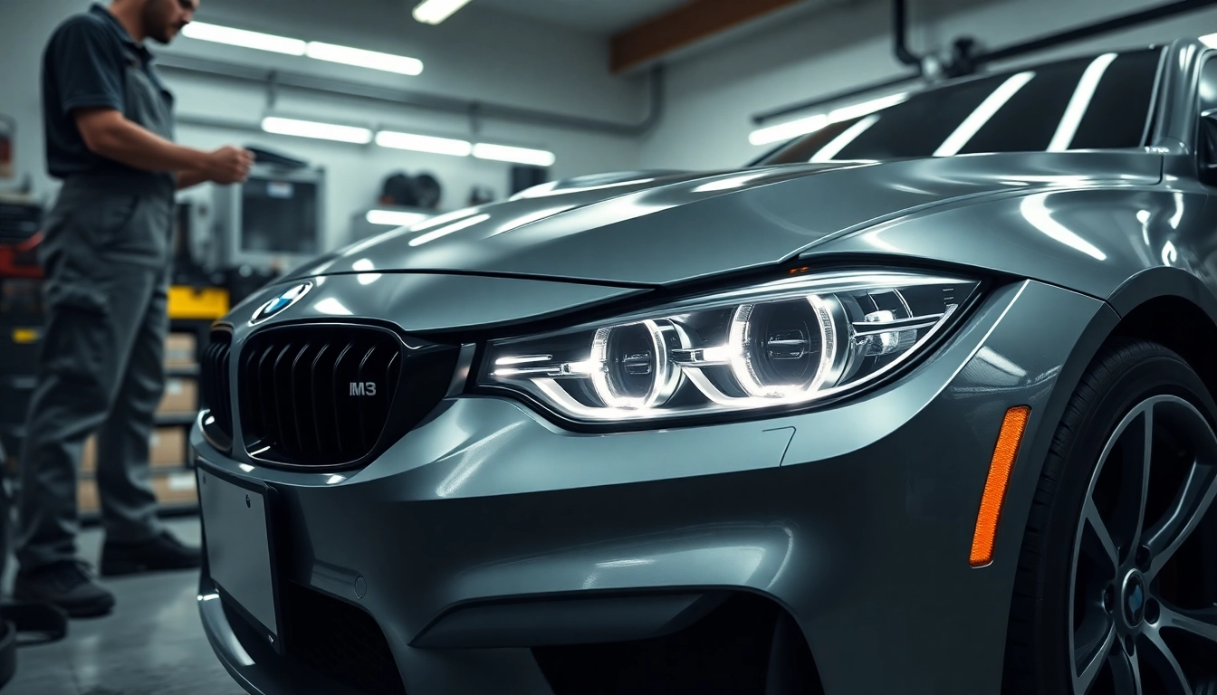 Showcasing a BMW G80 M3 Headlight Delete process in a garage setting.