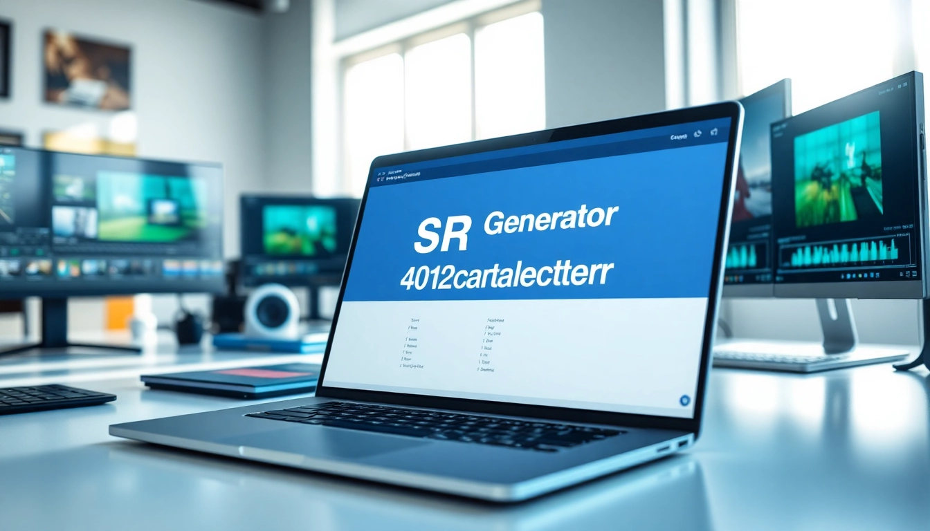 Utilize SRT Generator tool on a laptop amidst a modern workspace setting to create subtitles.