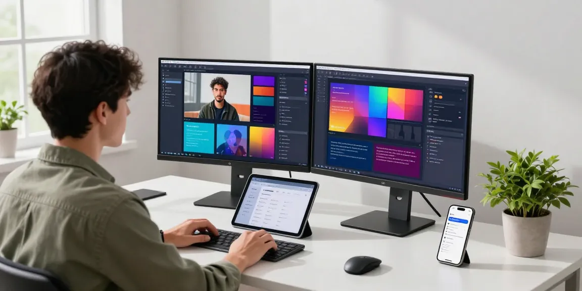 Dynamic workspace showcasing an AI developer using image to prompt software on dual monitors in a bright, modern office.